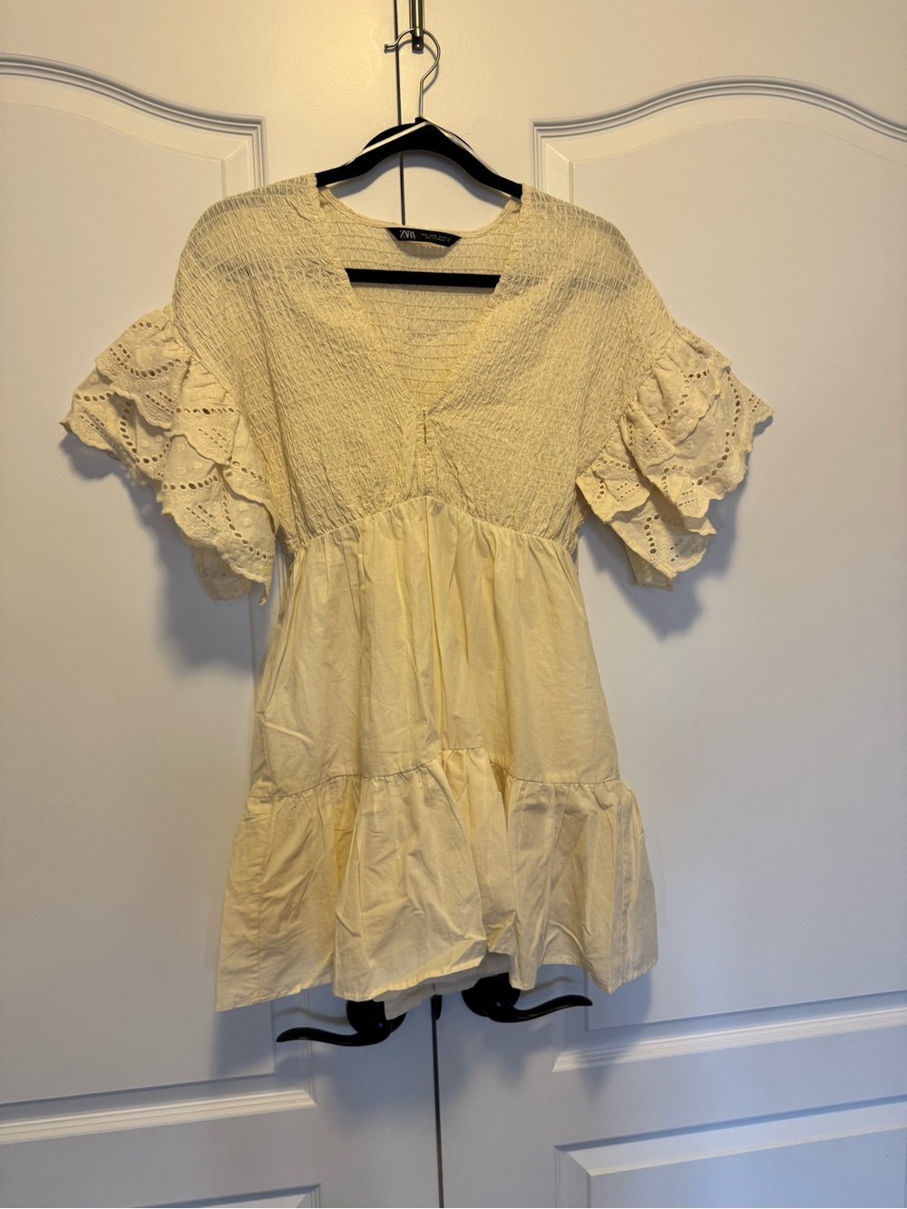Zara Light Cream Eyelet Tiered Mini Dress